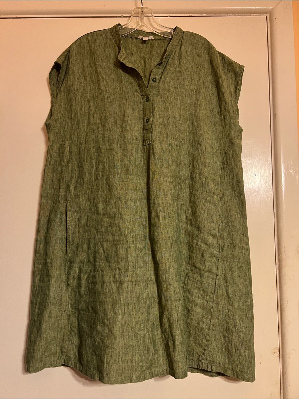 Eileen Fisher Boxy Dress Size Large L Green 100% Organic Linen Boho  Lagenlook